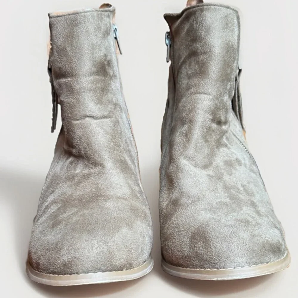 (11) CHARLES ALBERT Beige-Gray Vegan Suede Ankle Boots Zipper Closure & Accents